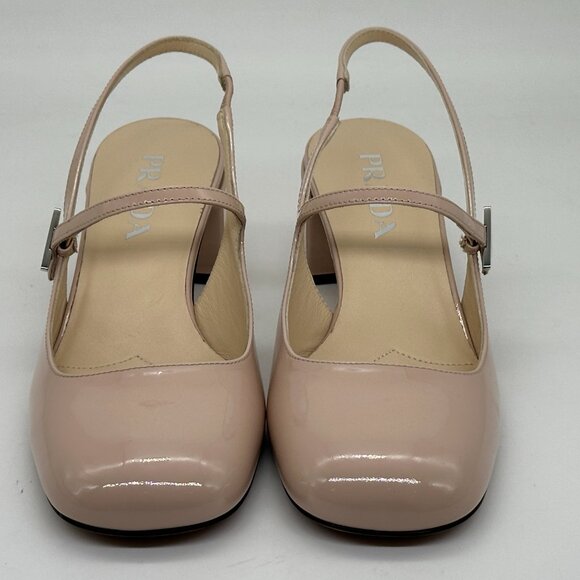 PRADA Decolette Logo Patent Leather Slingback Mary Jane Pumps Heel Sandals - Picture 6 of 15